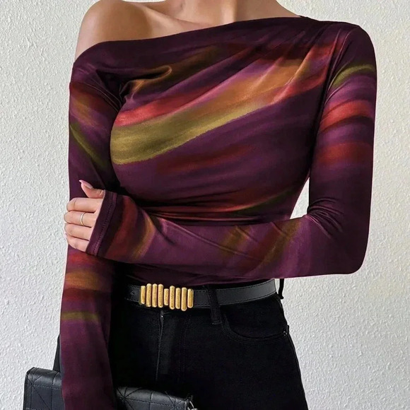 Casual Women's Marble Ombre Print Asymmetric Neck Fitted top - Picture 5 of 6